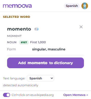 The icon's window with the card of a selected word