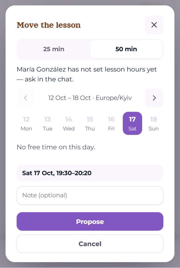 The booking dialog on a phone