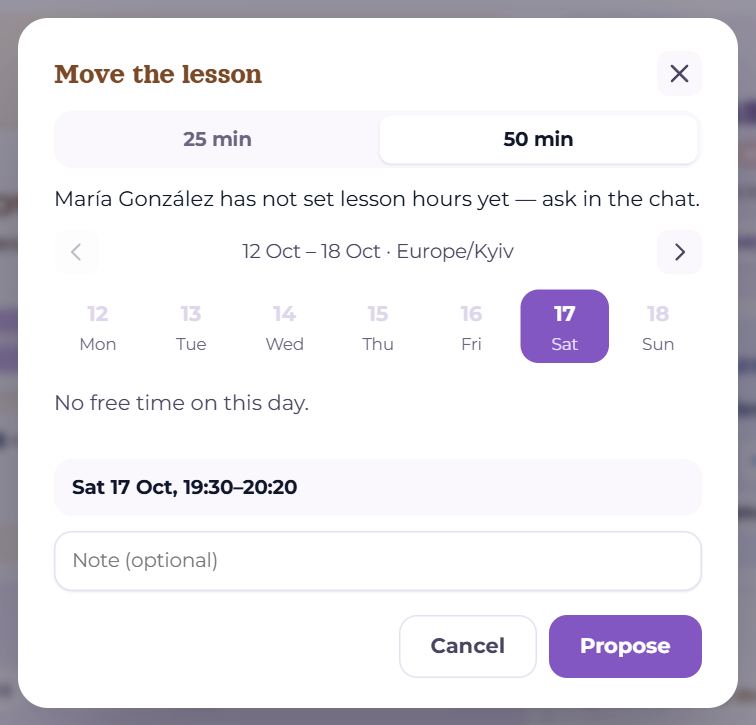 The “Move the lesson” dialog with the current time in the summary