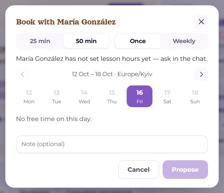 The “Book with…” dialog while the teacher has no hours set