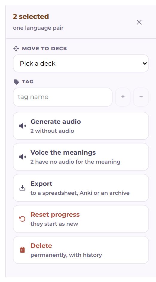 Actions on the picked words