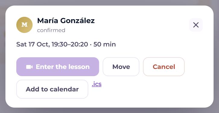 A lesson card: “Enter the lesson” before the room opens