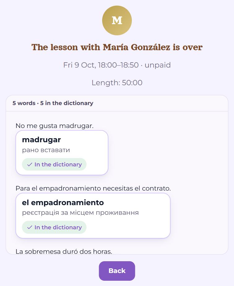 The lesson is over: date, length and words