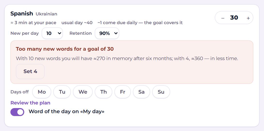 A language’s plan in the settings