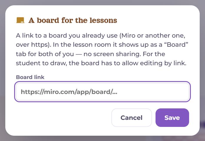 The “A board for the lessons” dialog