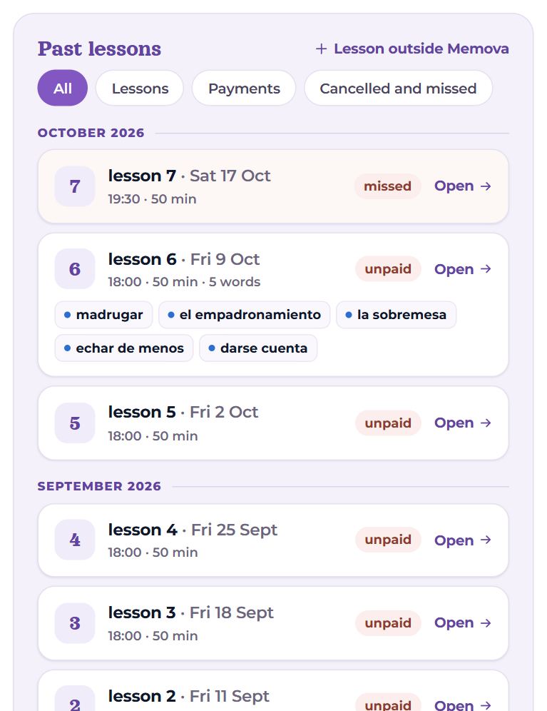 The “Past lessons” block