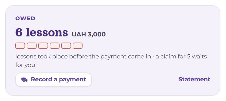 The balance card on a student’s page