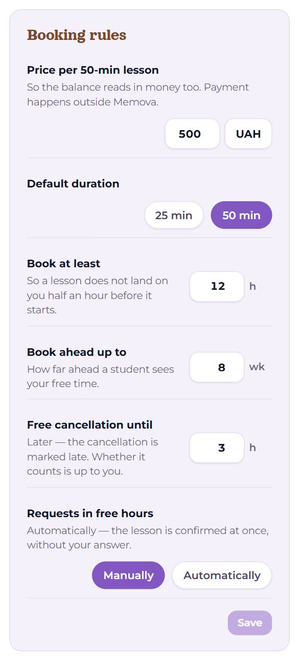 The “Booking rules” block