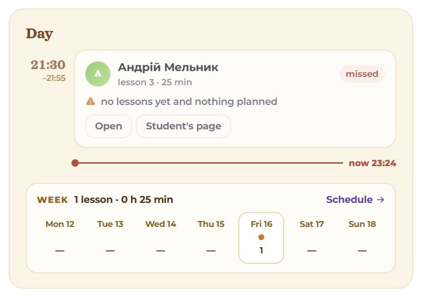 The “Day” block: today’s lessons and the week