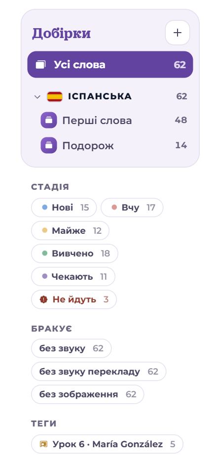 Добірки, стадії, бракує, теги