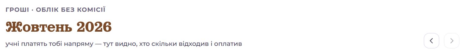 Заголовок сторінки «Гроші» з перемиканням місяців