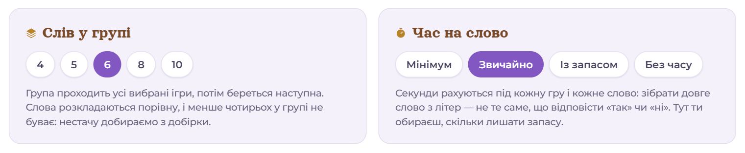 Слів у групі і час на слово